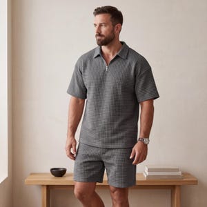 May include: A gray textured polo shirt with a quarter-zip closure and matching shorts. The outfit is made of a waffle-like fabric. The model is wearing a watch with a brown leather strap.