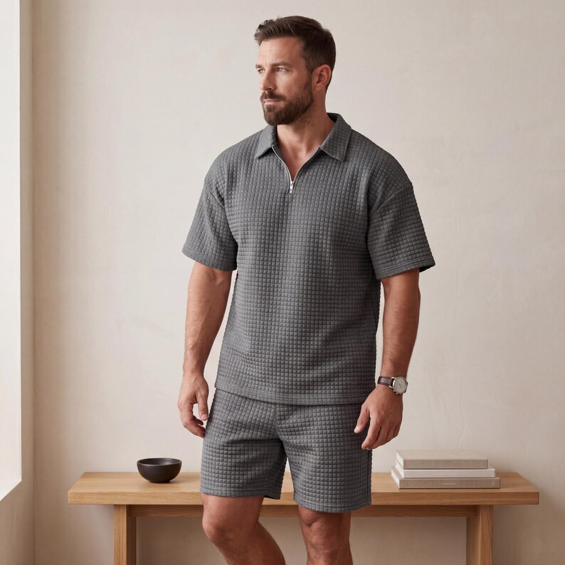 May include: A gray textured polo shirt with a quarter-zip closure and matching shorts. The outfit is made of a waffle-like fabric. The model is wearing a watch with a brown leather strap.