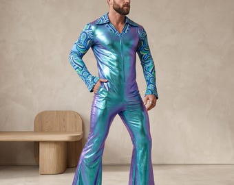 Herren 80er Jahre Disco Bell Bottom Jumpsuit: Retro Rock Star Kostüm, Polyester-Stoff