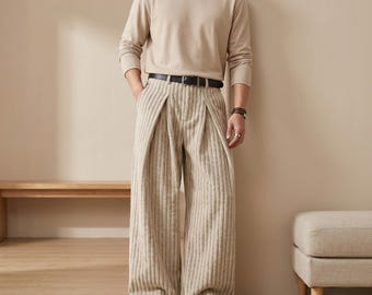 Calças masculinas listradas de perna larga: Calças casuais de poliéster com pregas, estilo streetwear coreano.
