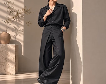 Calças masculinas largas com pregas: Calças de streetwear coreanas de perna larga