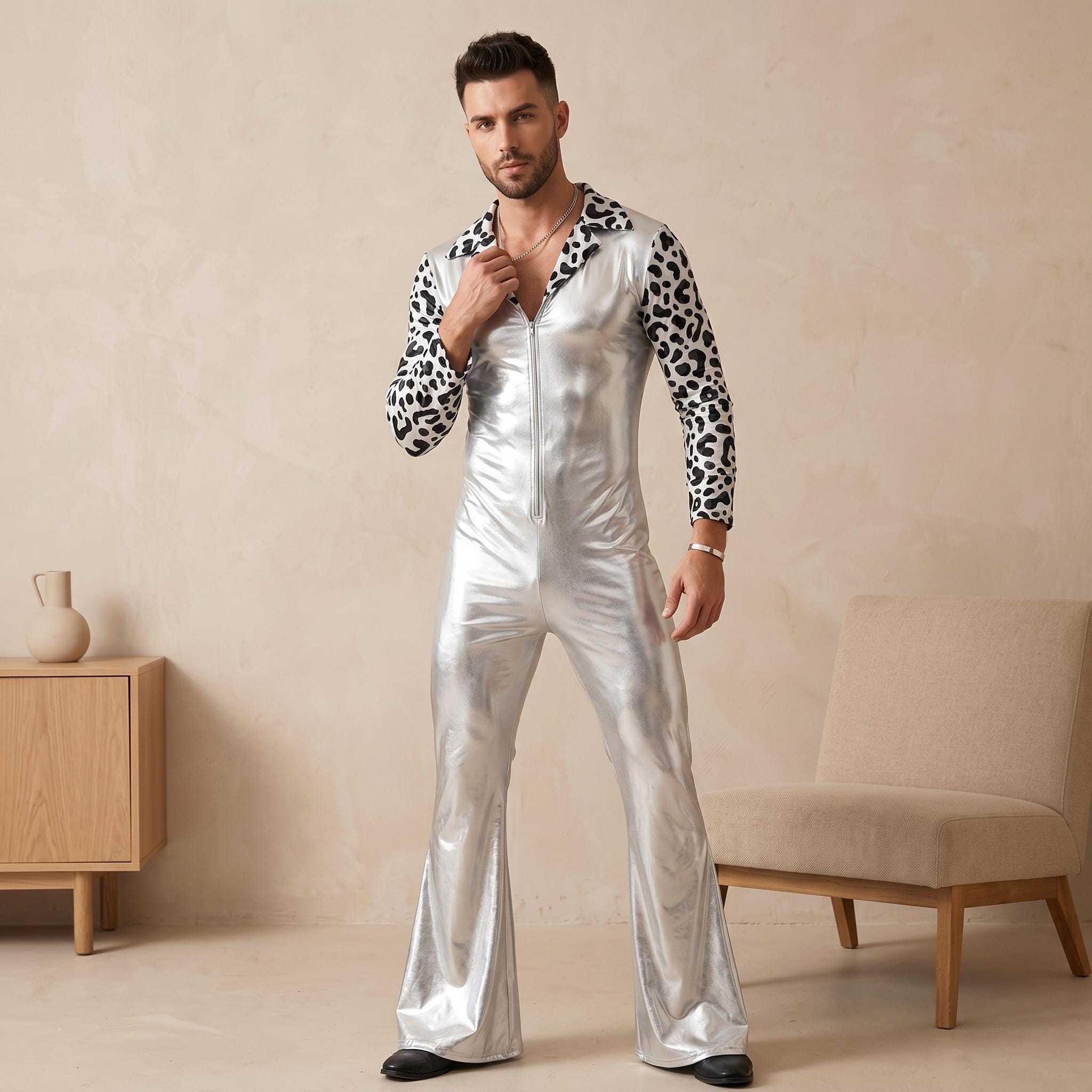 Men's 80s Disco Bell Bottom Jumpsuit: Retro Rock Star Costume ...