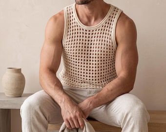 Camiseta sin mangas de malla calada para hombre - Chaleco informal transpirable sin mangas para vacaciones de verano - Top ligero para playa y gimnasio - Tallas S-2XL - Colores lisos