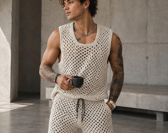 Men's Crochet Knit Vest and Shorts Set: Cotton Blend Summer Casual Outfit