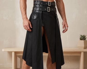 Falda escocesa punk para hombre - Estilo gótico retro urbano - Media falda de mezcla de lino - Estilo alternativo de inspiración vintage - Ropa de moda