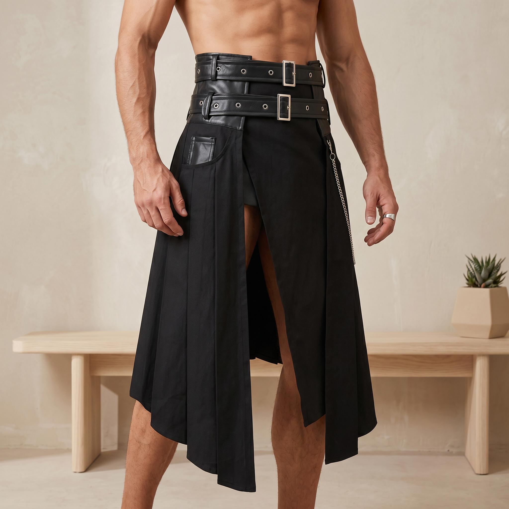 Mens Punk Kilt Skirt-Gothic Retro Streetwear-Linen Blend Half Skirt-Vintage Inspired Alternative-Fashion Wear Style