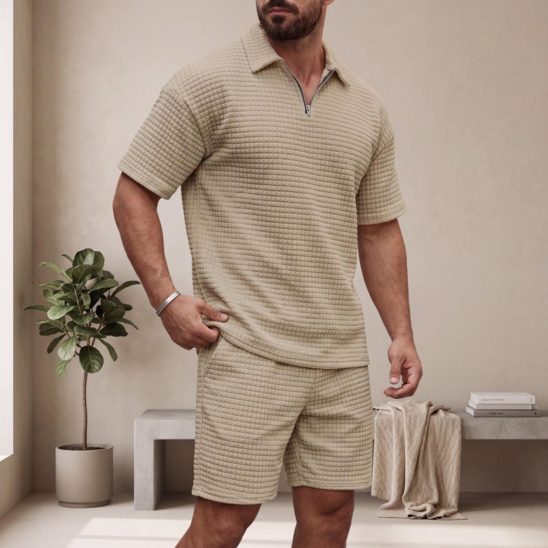 May include: A beige quilted polo shirt with a zipper and matching shorts. The outfit is made of a textured fabric. The model is wearing a silver bracelet. The outfit is a casual summer style.