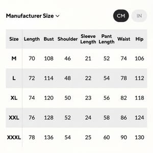 May include: A white chart displays clothing measurements in centimeters and inches. The chart includes sizes M to XXXL, with measurements for length, bust, shoulder, sleeve length, pant length, waist, and hip. The text "Manufacturer Size" is at the top.