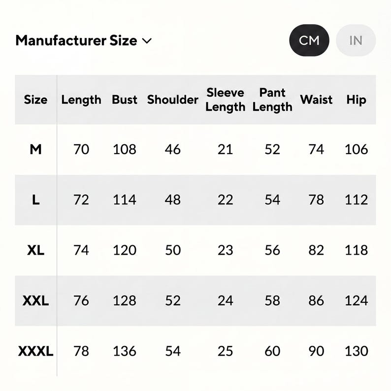 May include: A white chart displays clothing measurements in centimeters and inches. The chart includes sizes M to XXXL, with measurements for length, bust, shoulder, sleeve length, pant length, waist, and hip. The text "Manufacturer Size" is at the top.