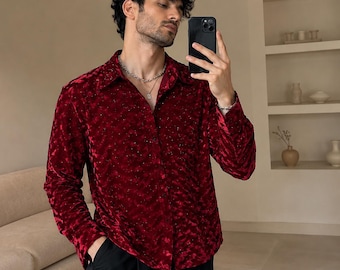 Camisa masculina de veludo jacquard com lantejoulas: Top brilhante para apresentações de palco