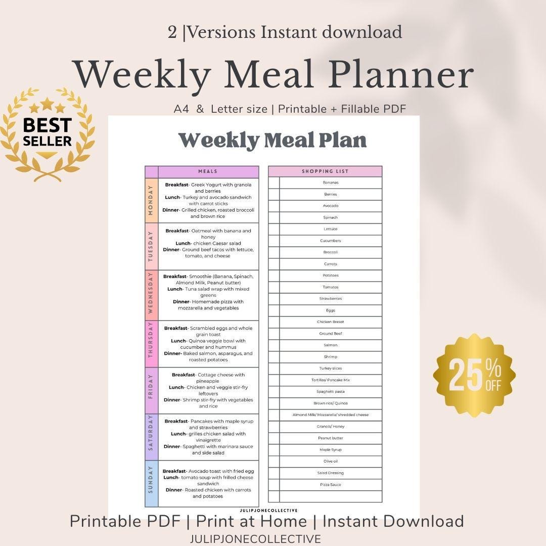 Weekly Meal Planner Printable With Shopping List (PDF) - Etsy