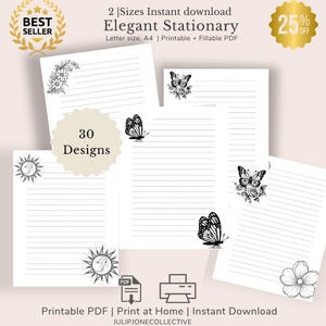 May include: A collection of printable stationery sheets with lined pages, featuring floral, butterfly, and sun designs. The text reads "Elegant Stationary", "30 Designs", and "Printable PDF | Print at Home | Instant Download". Includes a "Best Seller" badge and a "25% Off" seal.