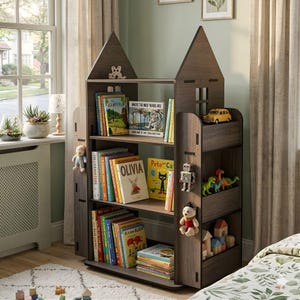 Può includere: Libreria in legno a forma di casa, piena di libri e giocattoli per bambini. La libreria ha più ripiani e scomparti, con finitura marrone scuro. Un'auto giocattolo gialla è su uno scaffale.