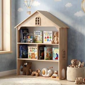 Könnte beinhalten: Ein helles Bücherregal aus Holz in Form eines Hauses, gefüllt mit Kinderbüchern, Stofftieren und Spielzeug. Zu den Büchern gehören Titel wie "Space Explorers", "Animal Friends" und "Colors and Shapes". Ein Plüschhase und ein Teddybär sind zu sehen.