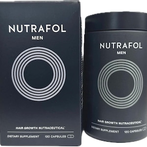 May include: A dark blue box and bottle of Nutrafol Men hair growth nutraceutical dietary supplement. The packaging features the brand name and the word "MEN" in white, along with a circular design. The bottle and box both state "120 capsules".