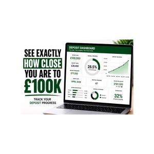 May include: A laptop displays a financial dashboard with the text "SEE EXACTLY HOW CLOSE YOU ARE TO £100K". The screen shows progress towards a goal, including a graph and percentages. The overall theme is financial planning.