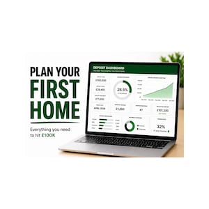 May include: A laptop displays a financial dashboard with green and white charts and graphs. The screen shows data related to home deposits, with the text "Plan Your First Home" and "Everything you need to hit £100K" in the image.