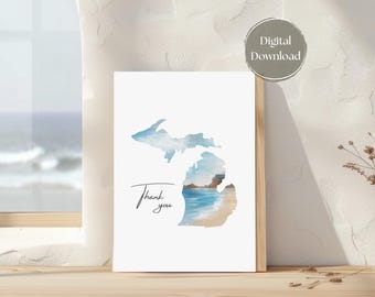 Tarjeta de agradecimiento con forma de Michigan en acuarela – suave color azul orilla del lago, descarga digital