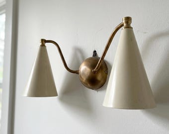 Double Cone Brass Wall Sconce – Mid‑Century Modern Wall Lamp with Ivory Shades