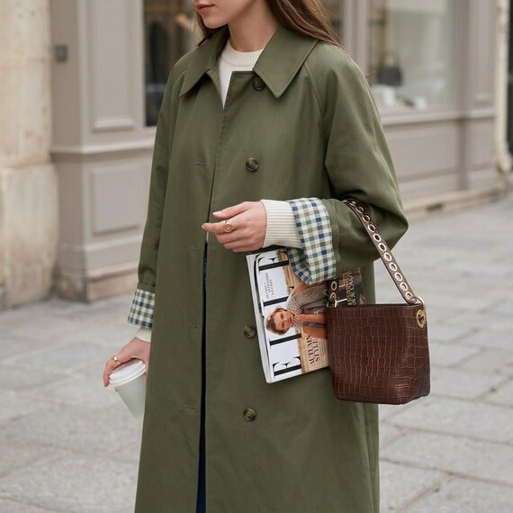 Trench Coat Green Olive Jacket Outfit Women's Olive Green Trench Coat: Plaid Lining, Casual Spring Autumn Long  Jacket Hong Kong