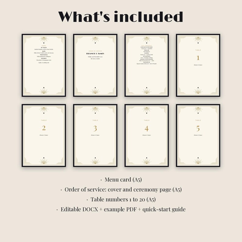 Art Deco Gatsby Wedding Menu Template, 1920s Black Gold Order of ...