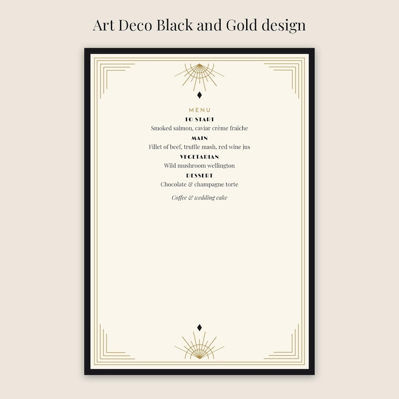 Art Deco Gatsby Wedding Menu Template, 1920s Black Gold Order of ...