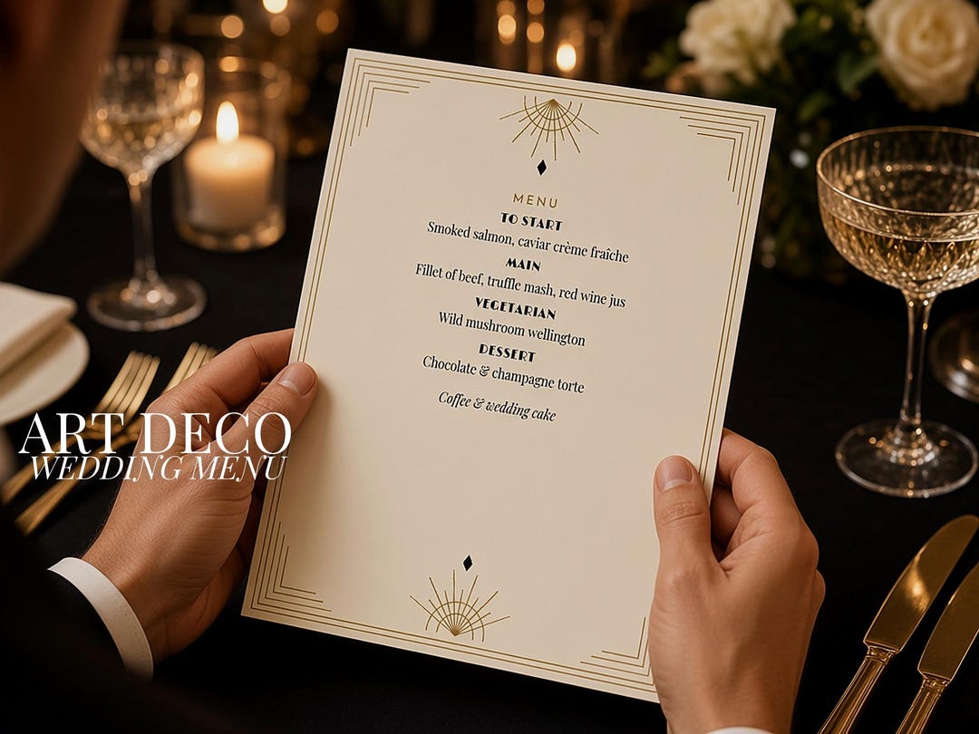 Art Deco Gatsby Wedding Menu Template, 1920s Black Gold Order of ...