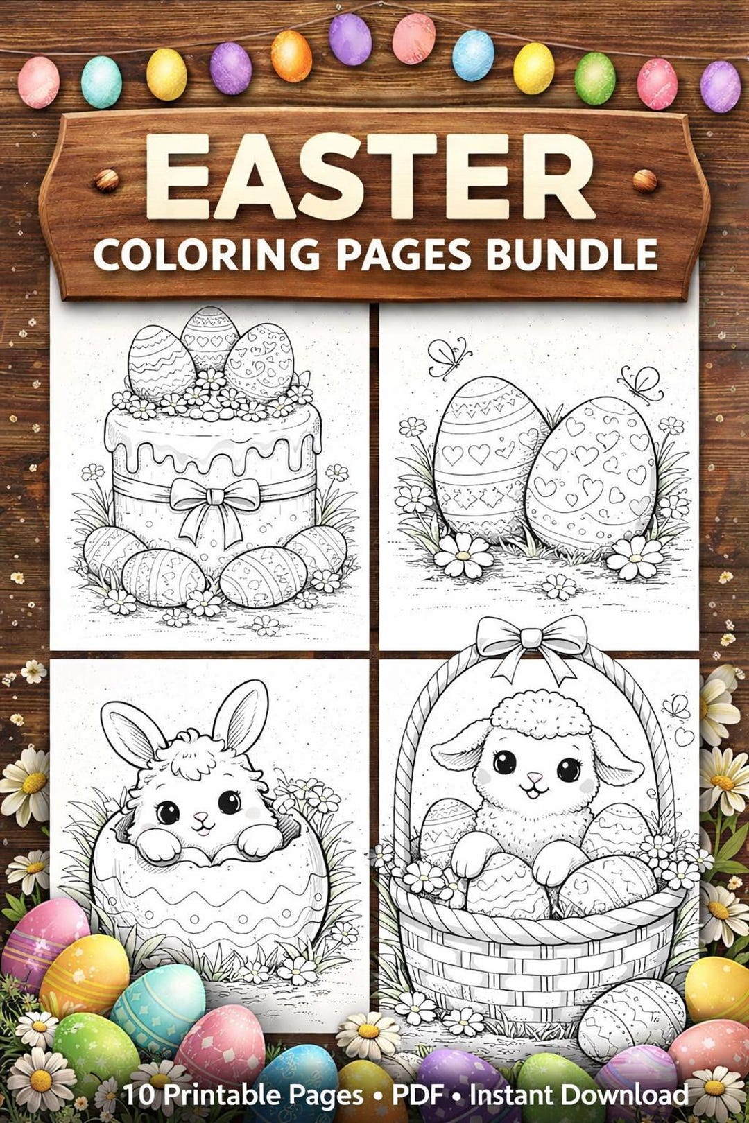 Easter Coloring Pages Bundle for Kids, 10 Printable Pages PDF Easter ...