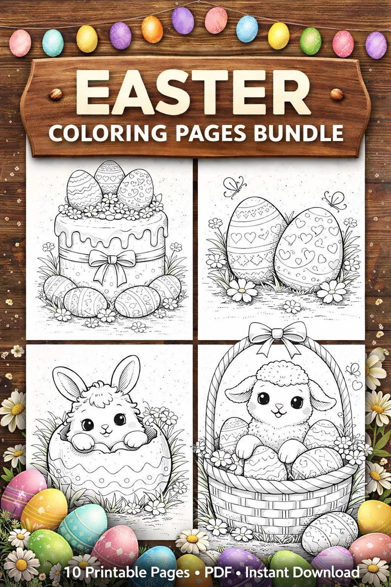Easter Coloring Pages Bundle for Kids, 10 Printable Pages PDF Easter ...