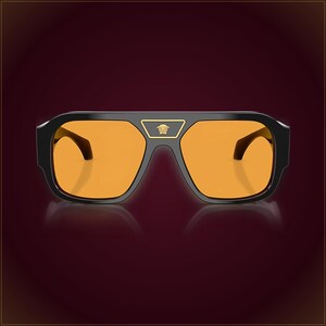 Vintage Versace VE4508U Single-Lens Shield Sunglasses Black Amber 90s Yellow Drippy Drip Drip Model Glasses image 2