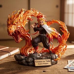 May include: A detailed figurine of a character from "Kimetsu no Yaiba," Kyoujuro Rengoku, wielding a sword, surrounded by fiery orange flames. The figure stands on a rocky base with a nameplate. The overall theme is anime.