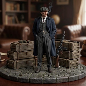 May include: A figurine of a man in a dark suit, overcoat, and cap, smoking a cigarette. He stands on a cobblestone base next to wooden crates and a machine gun. The background includes a bookshelf and leather furniture.