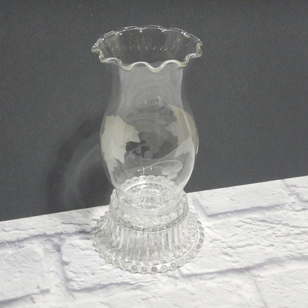 7.5" 2pc Glass Hurricane Candle Lamp Ribbed Candlewick Base, Ruffled Chimney, Etched Grapes & Leaves