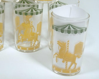 6 Vintage 4oz Breakfast Juice Glasses Yellow, Green Circus Theme