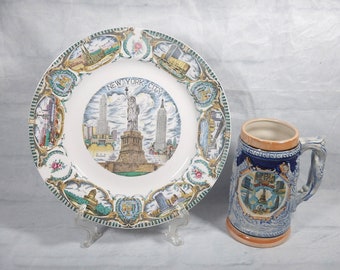 2 Vintage New York City Souvenirs Plate & Stein Color Landmarks Statue of Liberty, Coney Island +more