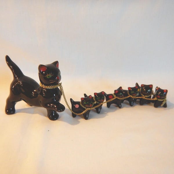 7-Piece Set 1950s Black Ceramic Redware Mother Cat w/ 6 Kittens on Chain Leash Pottery Feline Family Figurine Japan