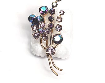 Austria Floral Flower Bouquet Brooch Blue Aurora & Pink Faceted Rhinestones Gold Tone  2"