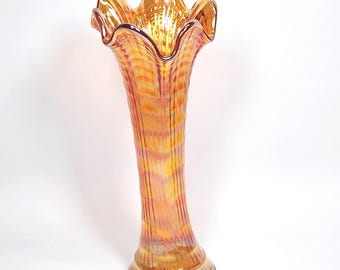 8" Marigold Iridescent Ruffled Bud Vase Ripple Carnival Glass -A