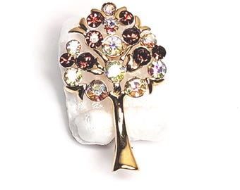 Gold Tone Tree Brooch Aurora, Dark Amber Faceted Rhinestones 1 3/4"