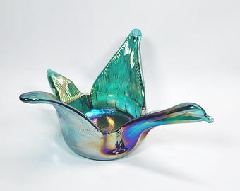 Iridescent Blue Carnival Glass Flying Goose Candy Dish Trinket Catch-All