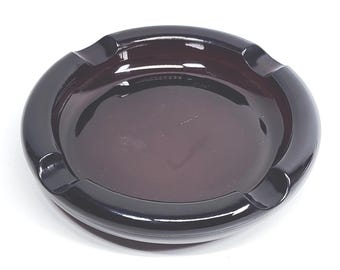 Cenicero redondo de cristal marrón oscuro vintage de 8 pulgadas, soporte para humo, insertable para mesa, 4 ranuras.