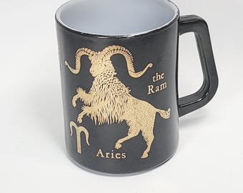 Aries Zodiac Mug Federal Milk Glass Black & Gold 8oz