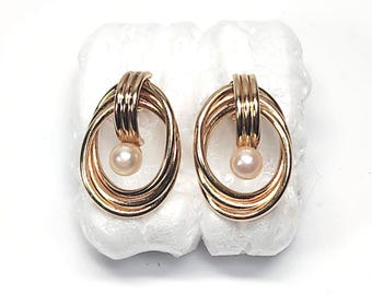 Pendientes de botón perforados de oro amarillo de 9 quilates con diseño en espiral y perlas cultivadas, estilo vintage, 2,0 g.