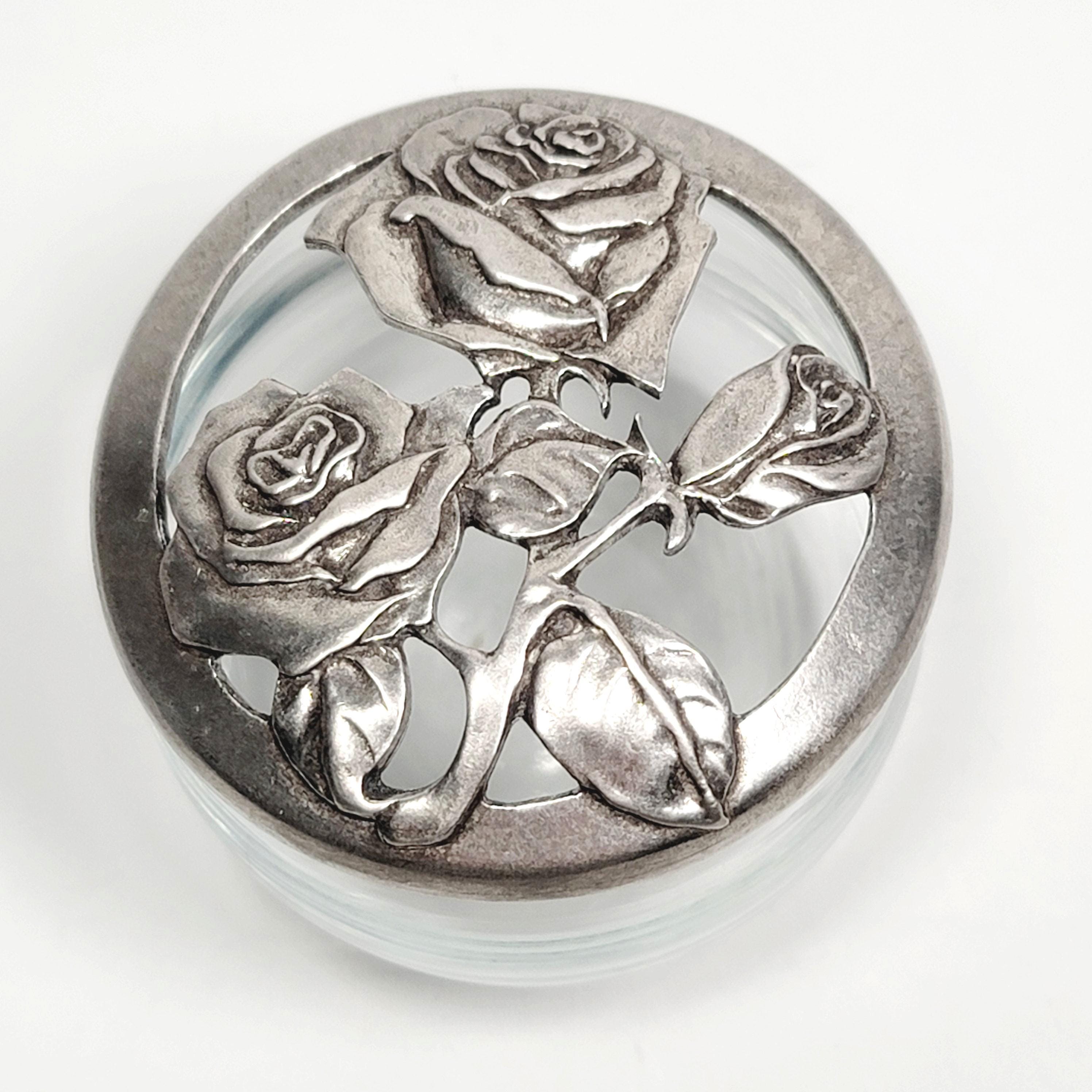 1988 Seagull Pewter Roses Lid & Glass Potpourri Jar 2.75"