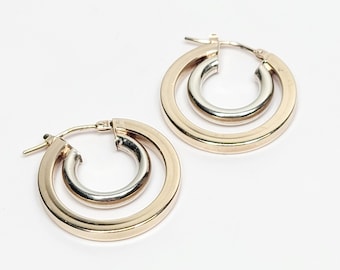 Pendientes de aro dobles perforados de oro amarillo y blanco de 9 quilates, 24 mm, 3,4 g
