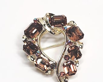 Gold Tone Lisner Abstract Brooch AB Aurora & Golden Honey Faceted Glass Rhinestones 1.5"