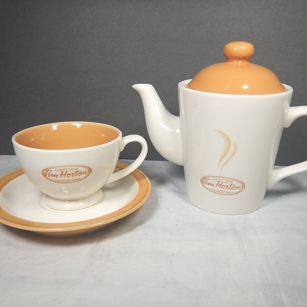 Tim Hortons Coffee Pot Teapot & Cup Saucer Set Always Fresh Toujours Frais Porcelain Restaurantware