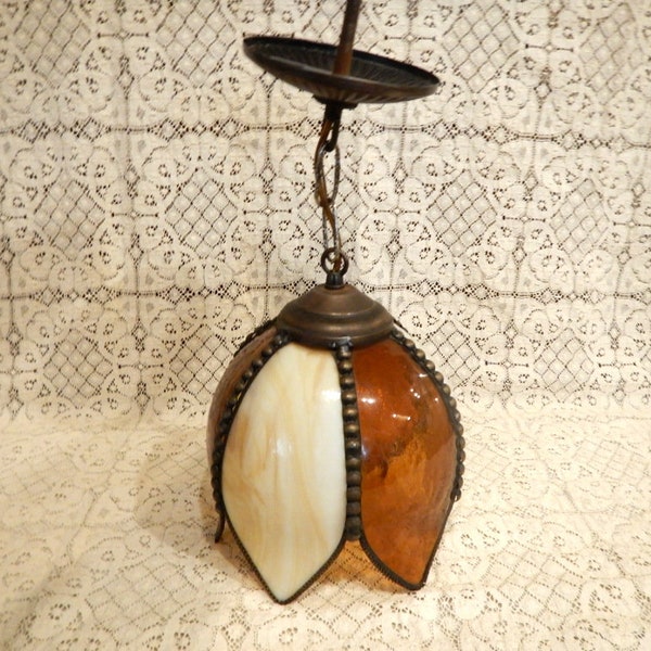 Caramel Swirl Slag & Amber Curved Stained Glass Tulip Ceiling Light Lamp Shade