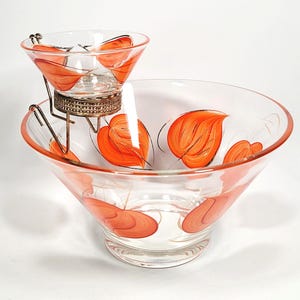 MCM Chip & Dip Leaf Glass Bowl Set Orange, Gilt Glass w/ Metal Holder 3pcs