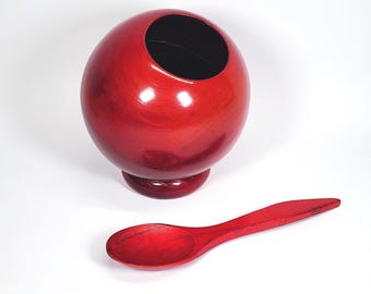 Bol de madera MCM con forma de esfera para frutos secos y bombones, con cuchara, fabricado en Japón.